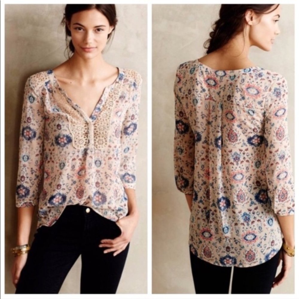 Maeve Beige Floral Henley Blouse with Blue Accents